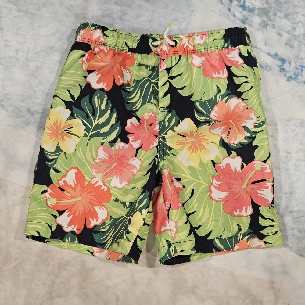 Gymboree Boys Swim Trunks Size 4T Tropical Floral‎ Elastic Waist With Drawstring